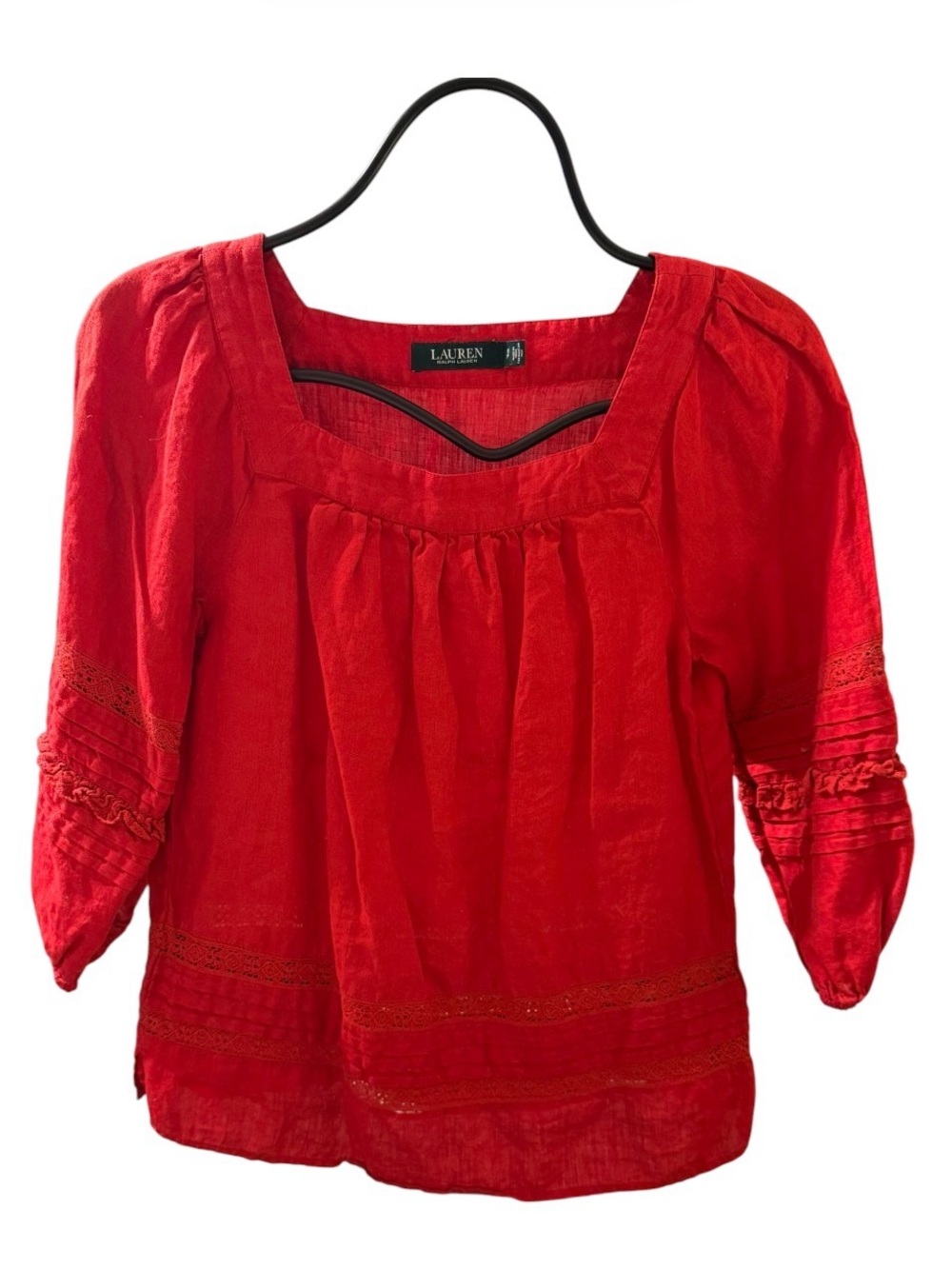 Ralph Lauren Red Peasant Blouse with Square Neck